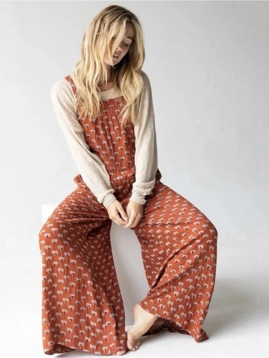 NATURAL LIFE Pants - NATURAL LIFE Rust Orange Floral-Print Wide-Leg Jumpsuit